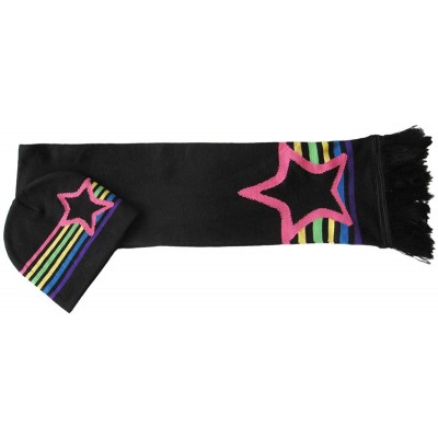 Skullies & Beanies Cute Knit Hat/Beanie & Scarf Set with Stars & Multi Stripes - Black - C2112OPAFMN $13.70