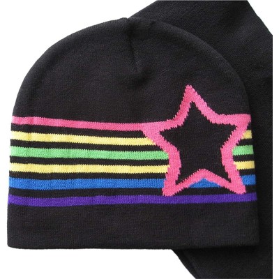 Skullies & Beanies Cute Knit Hat/Beanie & Scarf Set with Stars & Multi Stripes - Black - C2112OPAFMN $13.70