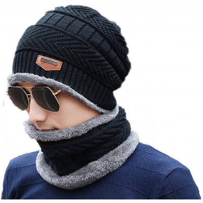 Skullies & Beanies 2-Pieces Men Winter Beanie Hat Scarf Set Warm Knit Thick Fleece Lined Skull Cap - Black - CK18IL35M5T $9.37