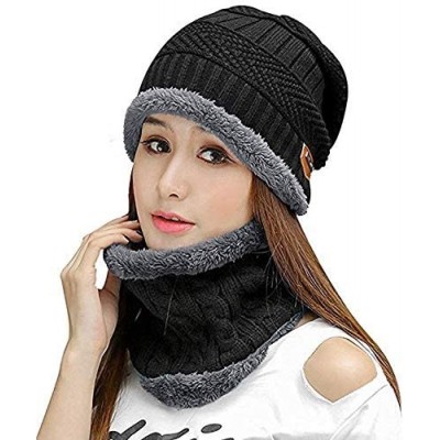 Skullies & Beanies 2-Pieces Men Winter Beanie Hat Scarf Set Warm Knit Thick Fleece Lined Skull Cap - Black - CK18IL35M5T $9.37