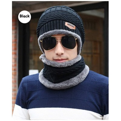 Skullies & Beanies 2-Pieces Men Winter Beanie Hat Scarf Set Warm Knit Thick Fleece Lined Skull Cap - Black - CK18IL35M5T $9.37