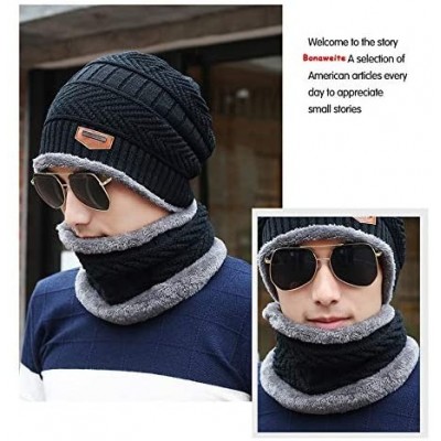 Skullies & Beanies 2-Pieces Men Winter Beanie Hat Scarf Set Warm Knit Thick Fleece Lined Skull Cap - Black - CK18IL35M5T $9.37