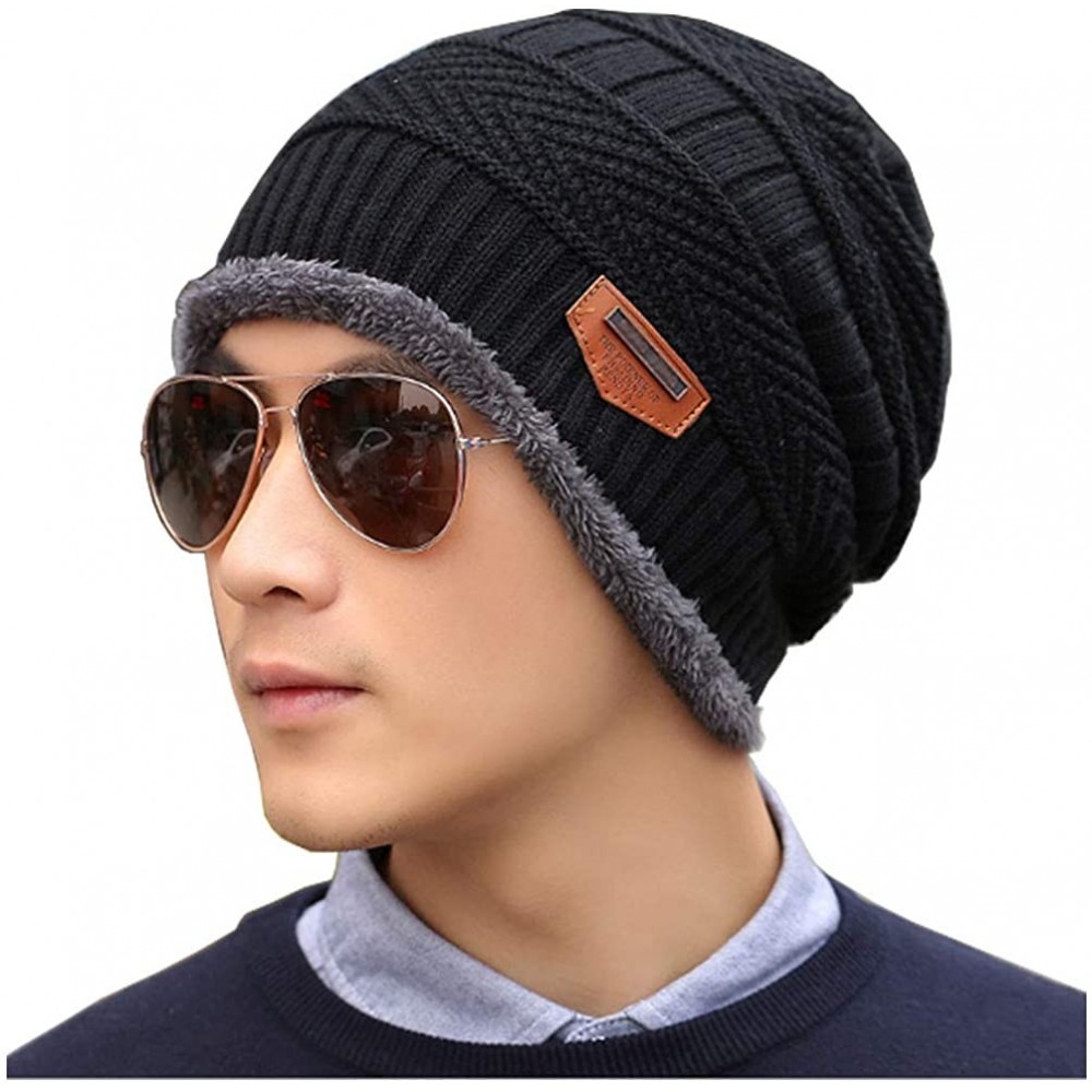 Skullies & Beanies Men's Winter Knit Skull Cap Wool Warm Slouchy Beanies Hat Scarf Set - Black - CY12N77IRG1 $11.98