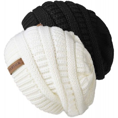 Skullies & Beanies Winter Beanie for Women - 2 Packs Fleece Lined Warm Knit Skull Slouch Beanie Hat - Black & White - C318UAS...