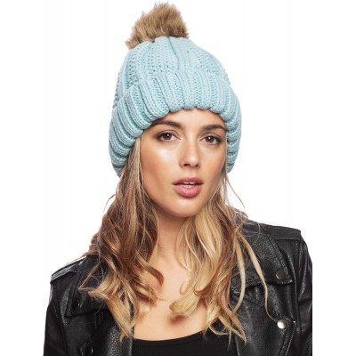 Skullies & Beanies Women's Winter Thick Knitted Plush Lining Pom Pom Beanie Hat. - Light Blue - C0186X7OWG4 $9.39