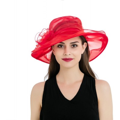 Sun Hats Women's Colorful Organza Flower Brim Kentucky Derby Hat - Red - CN12GT870FL $11.80