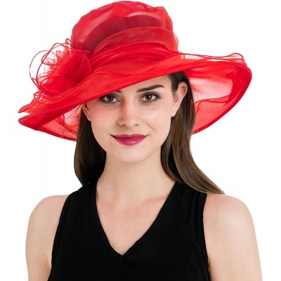 Sun Hats Women's Colorful Organza Flower Brim Kentucky Derby Hat - Red - CN12GT870FL $11.80