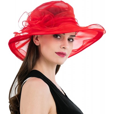 Sun Hats Women's Colorful Organza Flower Brim Kentucky Derby Hat - Red - CN12GT870FL $11.80