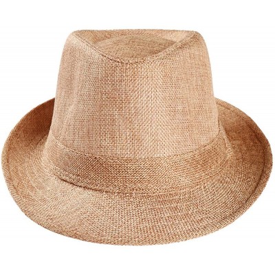 Fedoras Unisex Trilby Gangster Cap Beach Sun Straw Hat Band Sunhat - Khaki - CM18LAOYECC $8.37