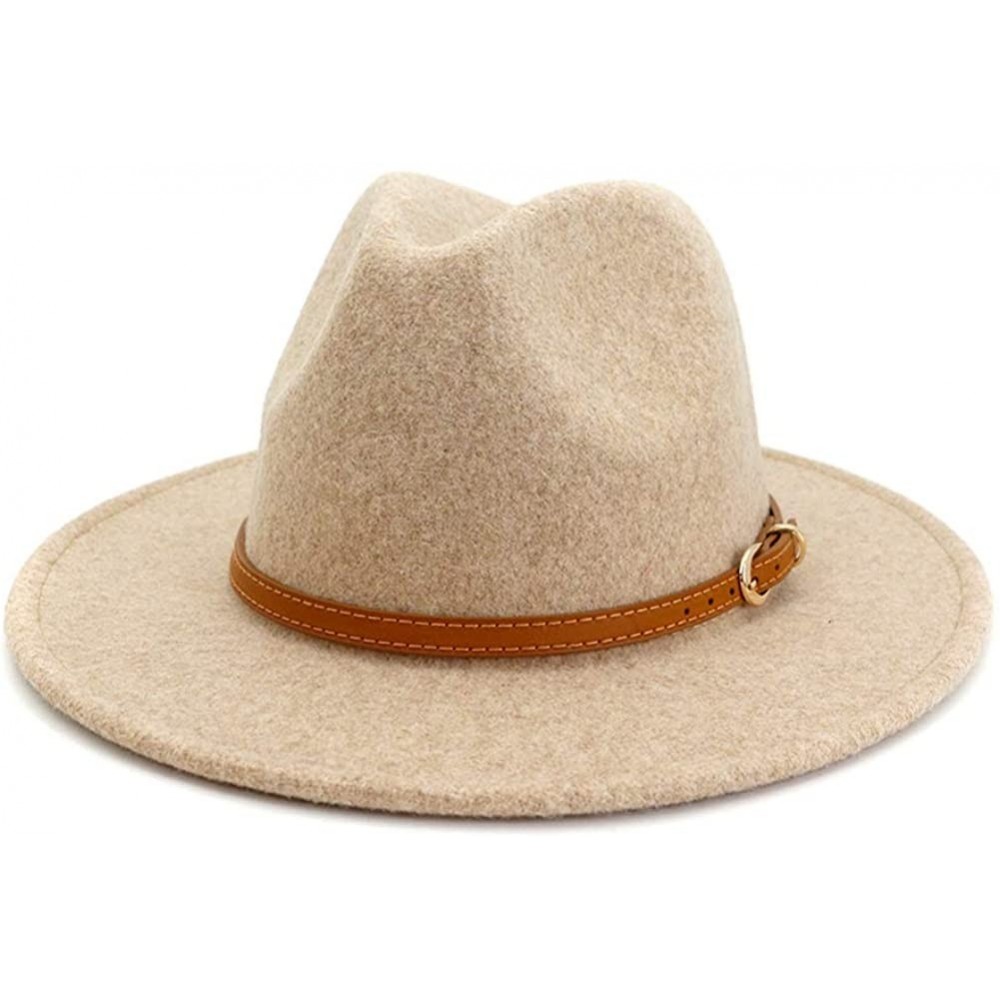 Fedoras Classic Wool Fedora Hats Wide Brim Belt Buckle for Women & Men - A-brown Belt Beige - CV18ZQ65RHR $13.38