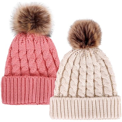 Skullies & Beanies Womens Winter Hand Knit Faux Fur Pompoms Beanie Hat - 2 Pcs Pink/Cream - CM11GQJPFM9 $24.82