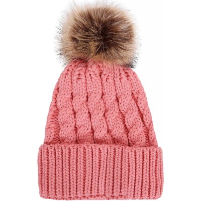 Skullies & Beanies Womens Winter Hand Knit Faux Fur Pompoms Beanie Hat - 2 Pcs Pink/Cream - CM11GQJPFM9 $24.82