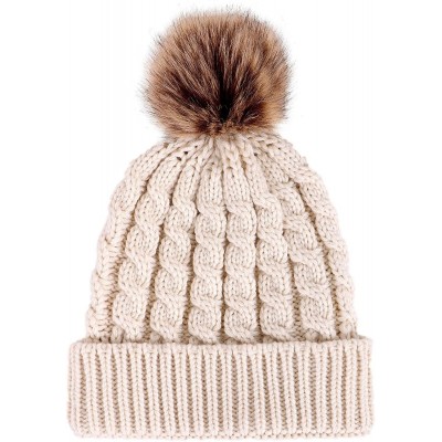 Skullies & Beanies Womens Winter Hand Knit Faux Fur Pompoms Beanie Hat - 2 Pcs Pink/Cream - CM11GQJPFM9 $24.82