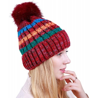 Skullies & Beanies Women Winter Warm Beanie Hat Soft Fleece Knit Ski Skull Cap with Pom - Red - CZ18I0DUOM4 $23.45