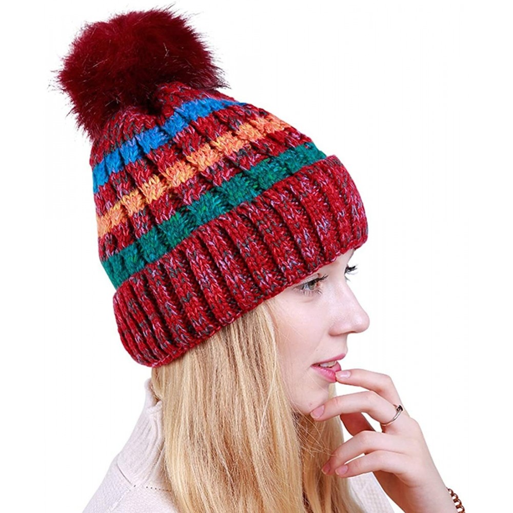 Skullies & Beanies Women Winter Warm Beanie Hat Soft Fleece Knit Ski Skull Cap with Pom - Red - CZ18I0DUOM4 $12.91