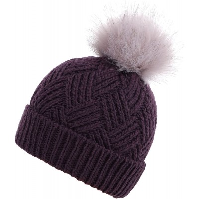 Skullies & Beanies Womens Super Soft Warm Chunky Cable Faux Fur Pompom Knit Beanie Hat - Purple - C11935NOMZZ $8.41