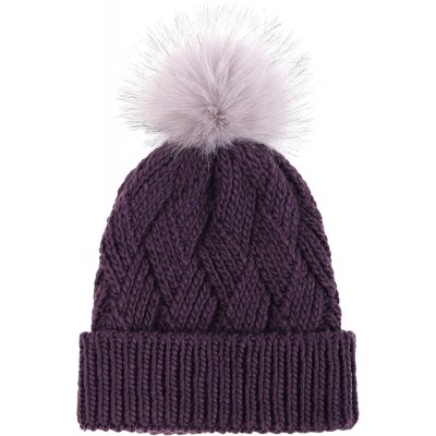 Skullies & Beanies Womens Super Soft Warm Chunky Cable Faux Fur Pompom Knit Beanie Hat - Purple - C11935NOMZZ $8.41