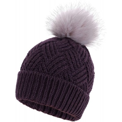 Skullies & Beanies Womens Super Soft Warm Chunky Cable Faux Fur Pompom Knit Beanie Hat - Purple - C11935NOMZZ $8.41