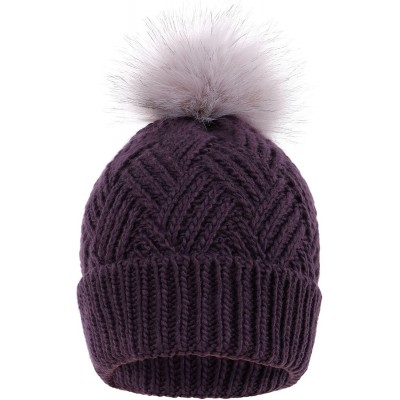 Skullies & Beanies Womens Super Soft Warm Chunky Cable Faux Fur Pompom Knit Beanie Hat - Purple - C11935NOMZZ $8.41