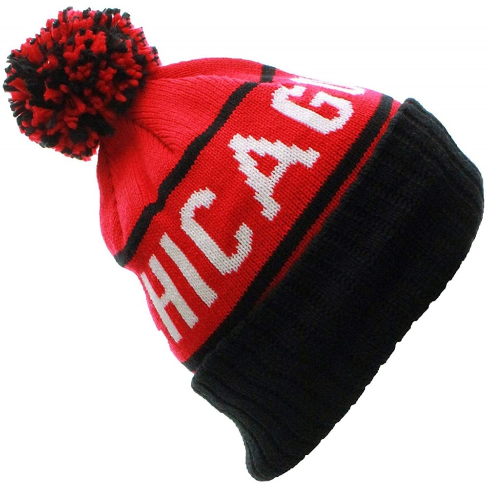 Skullies & Beanies USA Favorite City Cuff Cable Knit Winter Pom Pom Beanie Hat Cap - Chicago - Red Black - C811Q2V5NY1 $12.75