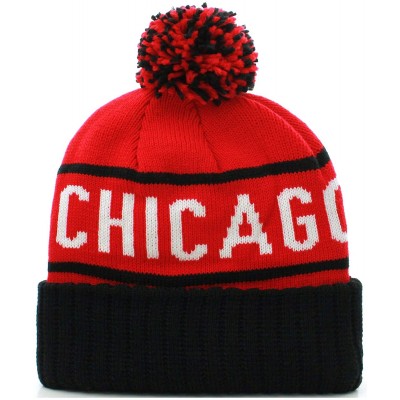 Skullies & Beanies USA Favorite City Cuff Cable Knit Winter Pom Pom Beanie Hat Cap - Chicago - Red Black - C811Q2V5NY1 $12.75