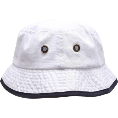 Bucket Hats Summer Adventure Foldable 100% Cotton Stone-Washed Bucket hat with Trim. - White-navy - CF183KHCRCW $11.17