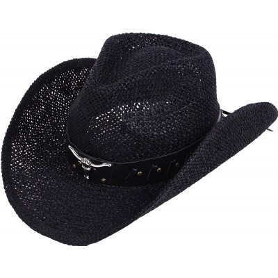 Cowboy Hats Men/Women's Classic Western Cowboy Straw Hat w/Leather Band - Black - CP18CGTN3ZE $17.30