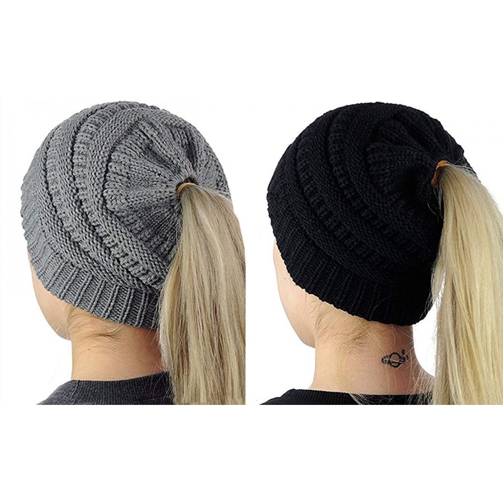 Skullies & Beanies 2 Pack of Women Beanie Trendy Ponytail Messy Bun Beanie Soft Warm Knitting Solid Ribbed Hat - Light Grey+b...