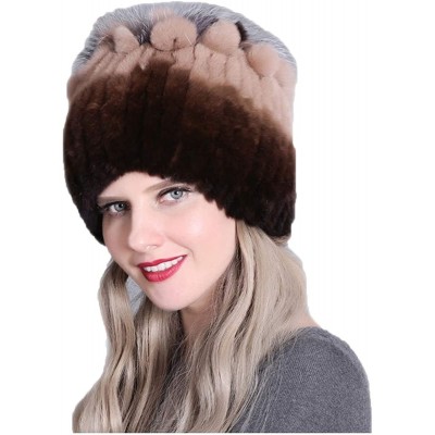 Skullies & Beanies Fur Hat Real Rex Rabbit Fur and Silver Fox Fur Top Flower Shape Cap Women Elastic Winter Warm - Coffee + K...