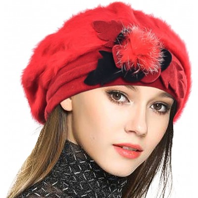 Berets Women's 100% Wool Bucket Hat Felt Cloche Beret Dress Winter Beanie Hats - Angora-red - CH12N380L9W $26.49