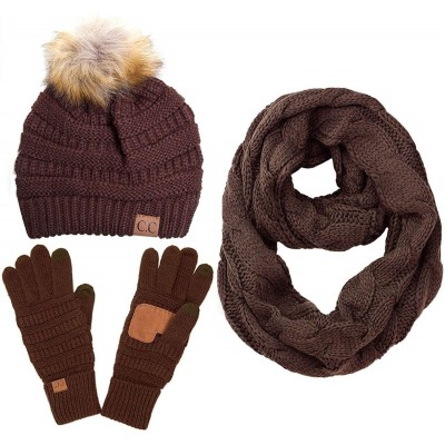 Skullies & Beanies 3pc Set Trendy Warm Chunky Soft Stretch Cable Knit Pom Pom Beanie- Scarves and Gloves Set - Brown - C818ZL...