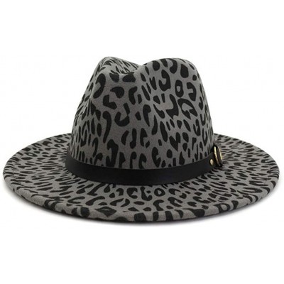 Fedoras Women's Wide Brim Felt Fedora Panama Hat with Leopard Belt Buckle - Z-grey - CE1935W3GDN $11.30