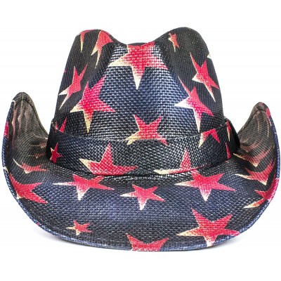Cowboy Hats USA Western Straw Cowboy Hat - Lightweight Outdoor Wide Brim Sun Hat - Blue W/Red Stars - C318EMEC0S5 $33.61