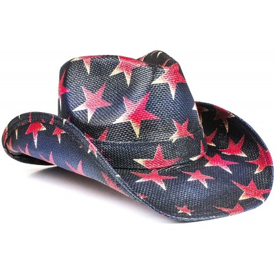 Cowboy Hats USA Western Straw Cowboy Hat - Lightweight Outdoor Wide Brim Sun Hat - Blue W/Red Stars - C318EMEC0S5 $33.61