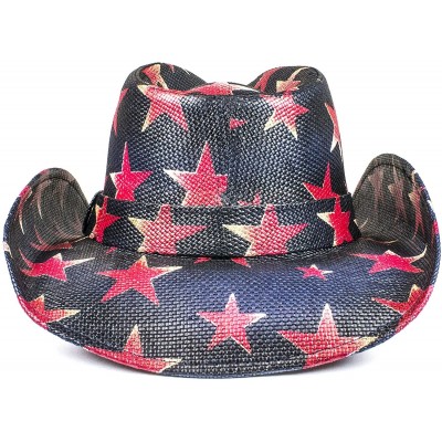 Cowboy Hats USA Western Straw Cowboy Hat - Lightweight Outdoor Wide Brim Sun Hat - Blue W/Red Stars - C318EMEC0S5 $33.61