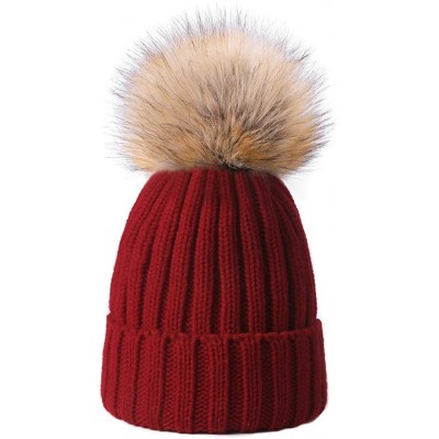 Skullies & Beanies Knitted Warm Winter Slouchy Beanie Hats with Faux Fur Pom Pom Hat Chunky Slouchy Ski Cap - Red - CJ18I928T...
