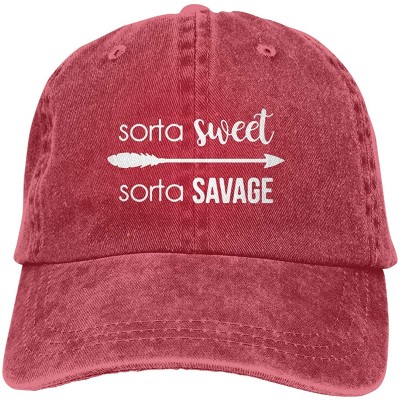 Baseball Caps Baseball Cap for Men and Women- Sorta Sweet Sorta Savage Design and Adjustable Back Closure Dad Hat - Red - CM1...