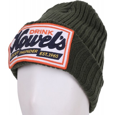 Skullies & Beanies Howel's Stitched Logo Fold-Over Ribbed Stretch Knit Skully Beanie Hat - Khaki - CR125HJA4E1 $19.55