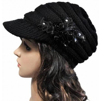 Skullies & Beanies Autumn Winter Women Hat Brim Sequin Applique and Tide Knit Cap (Black- ONE Size) - Black - C91889NDTOW $11.79