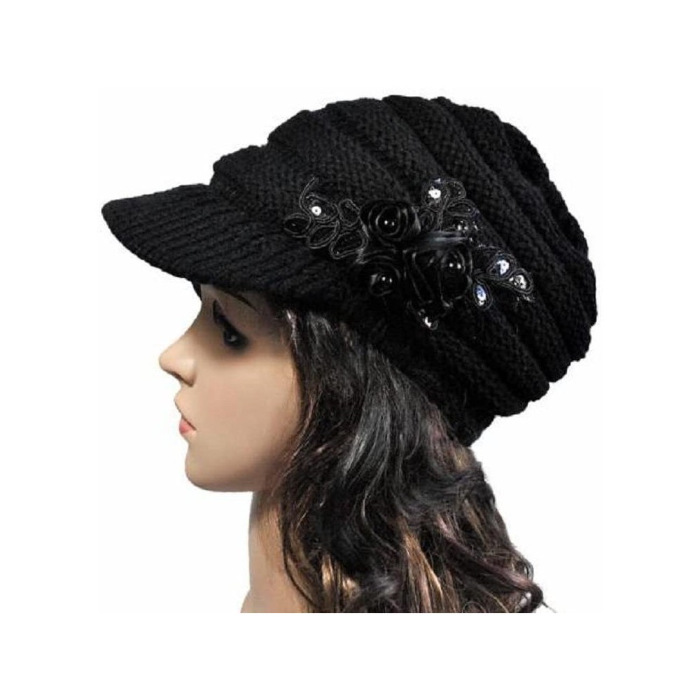 Skullies & Beanies Autumn Winter Women Hat Brim Sequin Applique and Tide Knit Cap (Black- ONE Size) - Black - C91889NDTOW $11.79