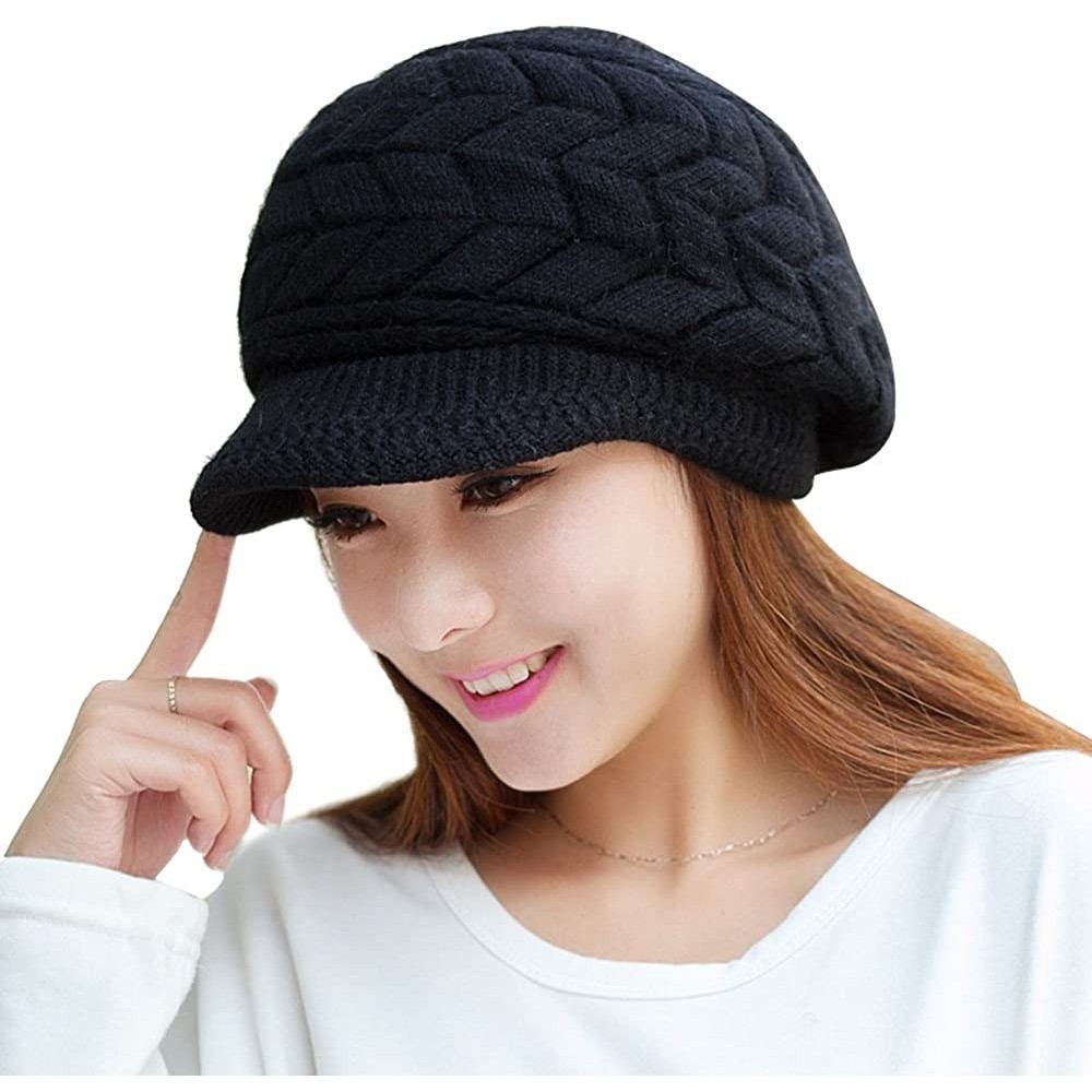 Bomber Hats Women Winter Beanie Hat Solid Knitted Beret Newsboy Skull Cap - Black - CC18LH0U0T5 $10.86