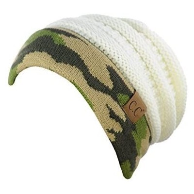 Skullies & Beanies Unisex Warm Soft Stretch Cable Knit Camo Cuff Beanie Cap - Ivory - CW189ZZDW9X $17.42