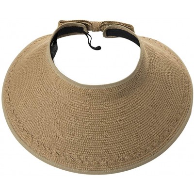 Visors Rollup Straw Sun Visor Foldable Wide Brim Travel Hat Freesize Ponytail Fashion - 00764_khaki - CQ18T957UDY $17.78
