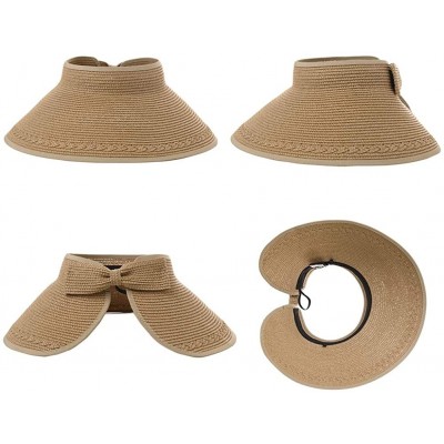 Visors Rollup Straw Sun Visor Foldable Wide Brim Travel Hat Freesize Ponytail Fashion - 00764_khaki - CQ18T957UDY $17.78