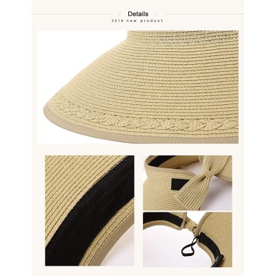 Visors Rollup Straw Sun Visor Foldable Wide Brim Travel Hat Freesize Ponytail Fashion - 00764_khaki - CQ18T957UDY $17.78