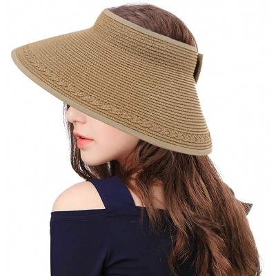 Visors Rollup Straw Sun Visor Foldable Wide Brim Travel Hat Freesize Ponytail Fashion - 00764_khaki - CQ18T957UDY $17.78