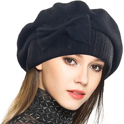 Berets Lady French Beret 100% Wool Beret Floral Dress Beanie Winter Hat - Bow-black - CZ12OB9IVE7 $34.40
