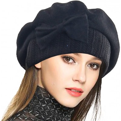 Berets Lady French Beret 100% Wool Beret Floral Dress Beanie Winter Hat - Bow-black - CZ12OB9IVE7 $22.62