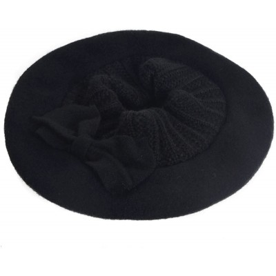 Berets Lady French Beret 100% Wool Beret Floral Dress Beanie Winter Hat - Bow-black - CZ12OB9IVE7 $22.62