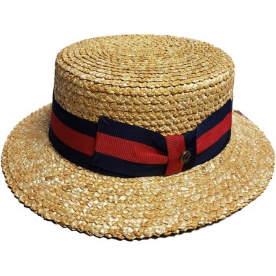 Fedoras Men's Classic Straw Braid Boater Hat - Straw/ Navy/ Red - C3199Q3A9Y2 $38.06
